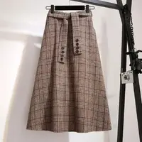 Khaki Plaid Vintage A-line High Waist Lace Up Buttons Loose Women's Skirt Mid-Calf Long Skirts For Women Clothing Fashion 2024