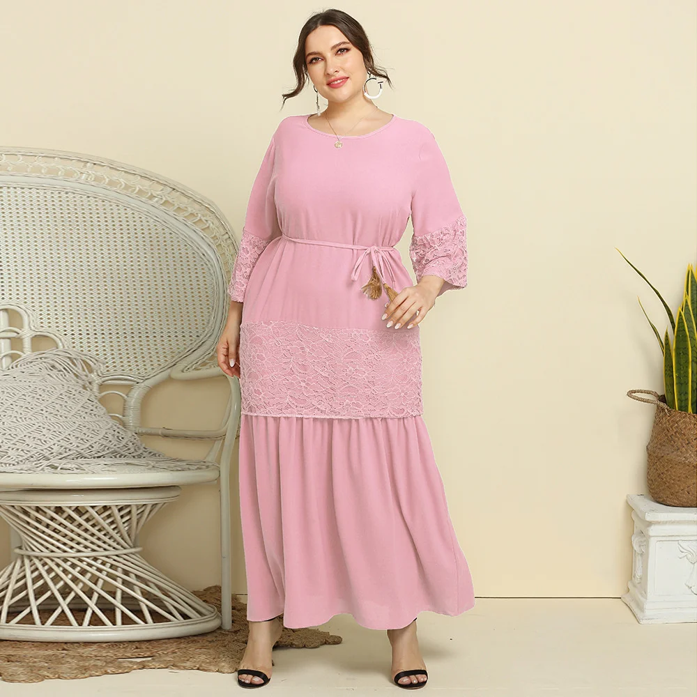 

Plus Size Women's Dress Solid Lace Splice Dress Large Crew Neck Waist Lace Long Sleeve Fashion Women's Elegant Dress Comfortable