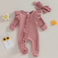 Pudcoco Infant Baby Girl Autumn Jumpsuit Solid Color Round Neck Flying Sleeve Ruffled Zipper Romper with Bow Headband 0-12M 4