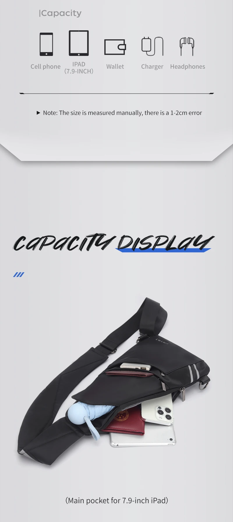 TINYAT Taktische Brusttasche für Herren, schwarz, schmal, Canvas, Umhängetasche für Fitnessstudio, Motorrad, Reisen, Wandern, Camping, langlebig und leicht – Detail 3