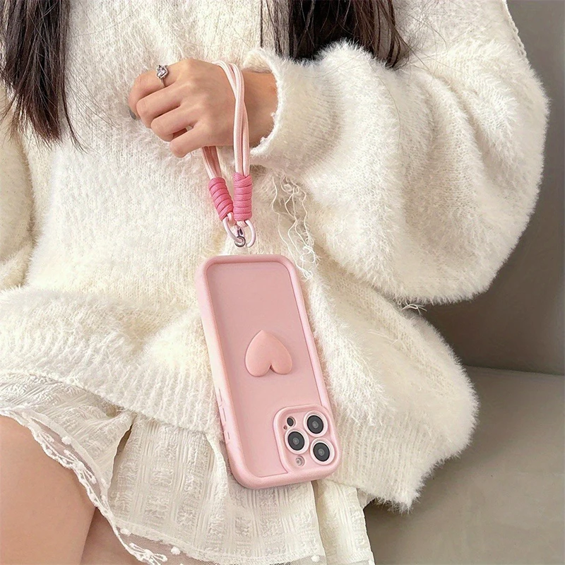 Adorable 3D Love Heart Silicone Phone Case with Lanyard Rope Cover
