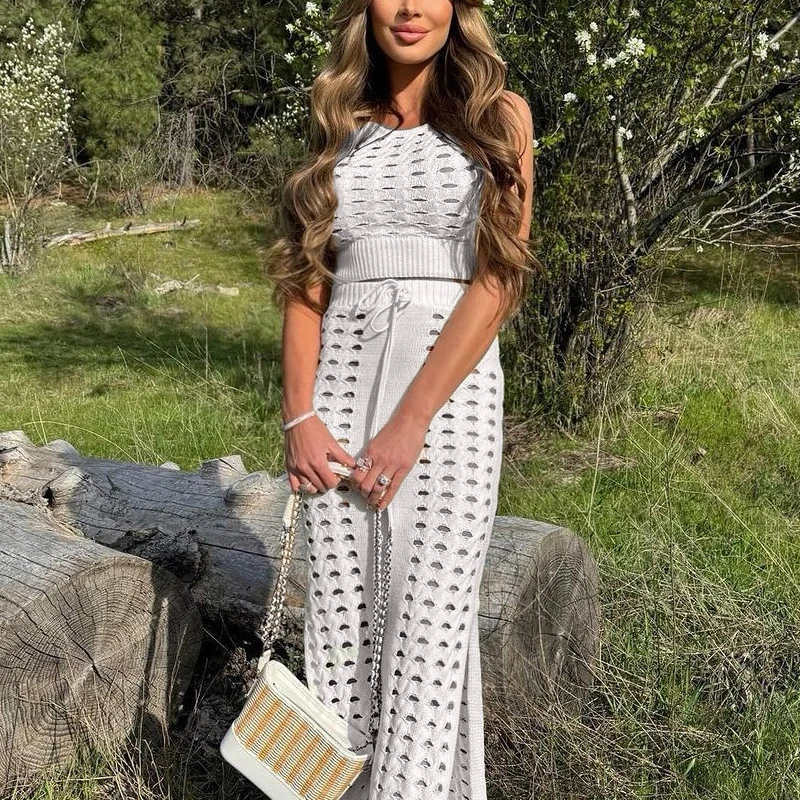 TARUXY Slim Hollow Out Skirt Suit Knitted For Women Sleeveless Strapless Top Summer New High Waisted Lace Up Split Long Skirt