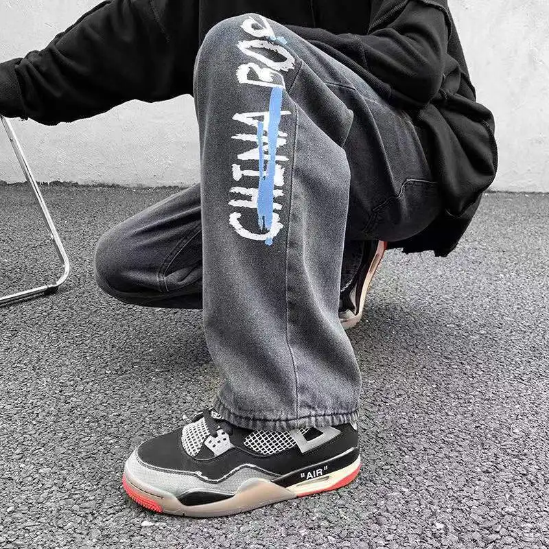 

Jeans for Men with Print Grunge Y2k Mens Cowboy Pants Straight Trousers Baggy Graphic Soft Holes Regular 90s Streetwear Loose Xs
