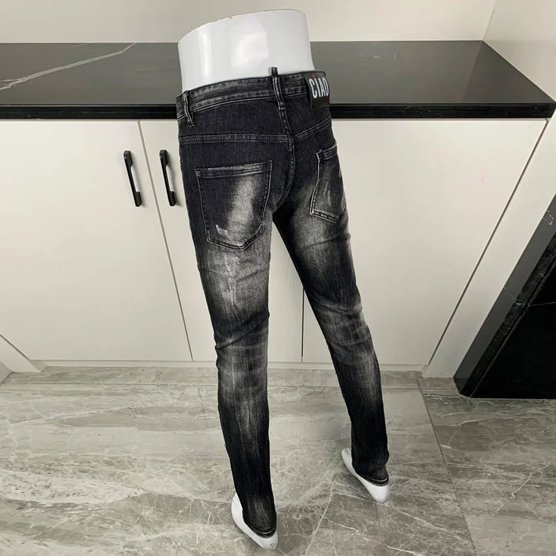 Street Fashion Men Jeans Retro Black Gray Stretch Slim Fit Ripped Jeans Men Elastic Vintage Designer Brand Denim Pants Hombre