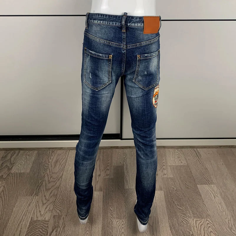 Street Fashion Men Jeans High Quality Retro Blue Elastic Stretch Skinny Jeans Men Patches Designer Hip Hop Brand Pants Hombre