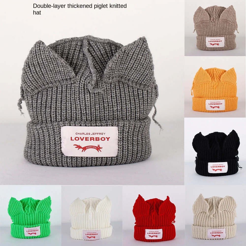 Fashion Double-layer Loverboy Cat Ear Knit Hat Warm Niche Design Pig Ear Woolen Hat Soft Thicke Warm Cap Autumn and Winter 3