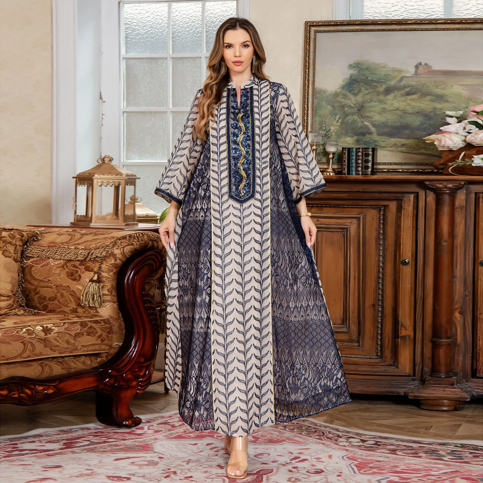 Eid Abaya Dress Women Muslim Jalabiya Vestidos Mesh Embroidery Party ...