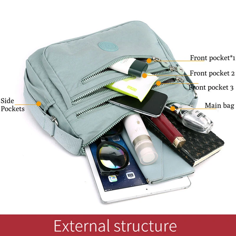 1PCS Women's Multi-layer Shoulder Bag Lightweight Waterproof Nylon Backpack Large Capacity Zipper Crossbody Bag