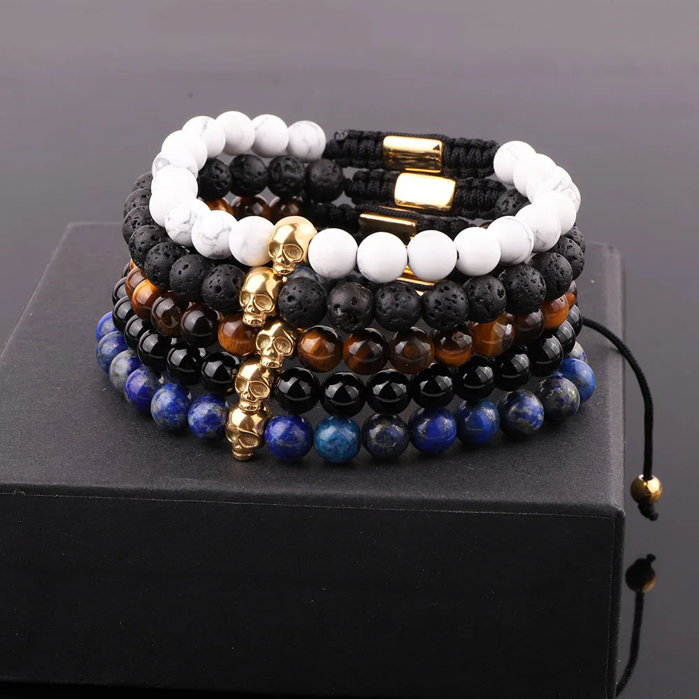 

New Design Natural Stone Stainless Steel Skull Macrame Friendship Bracelet Women Men Jewelry Gift