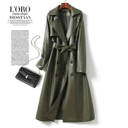 2023 Fashion Double-breasted Women's Real Sheepskin Trench Coats Chic Ladies Black Lapel Collar Belt Lambskin Trench Outwear