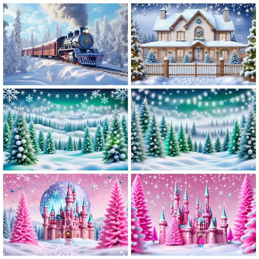 

MOON.QG Backdrop Pink Christmas Pine Train Tree Novelties Background Party Decoration Supplies Photography Props Free Shipping