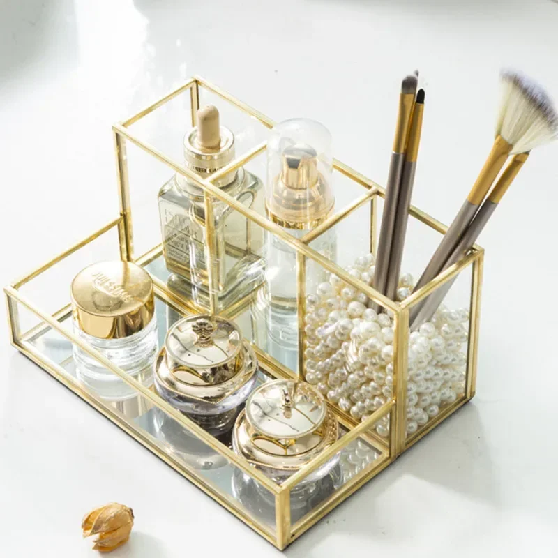 Luxury Makeup Brush Blush Brush Storage Bucket Glass Metal Ornaments Home Decoration Desktop Table Makeup Storage Tube Organizer 2