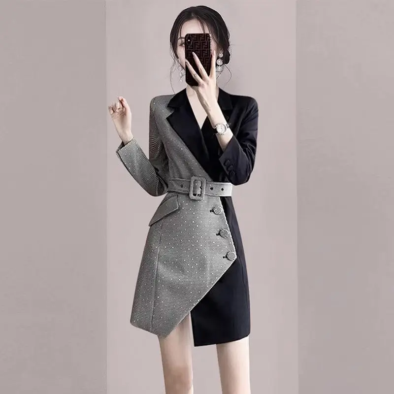 

Spring And Autumn Fake Two Piece Blazer Dress Women Celebrity Temperament Design 2023 Fashion Plaid Patchwork Jacket Robe Z1757