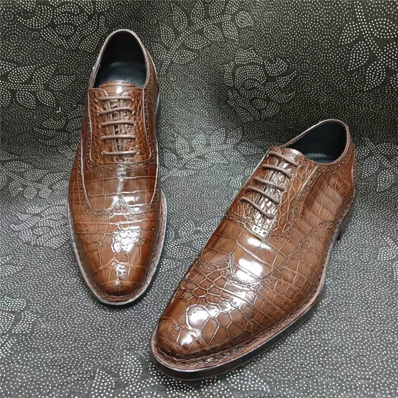 Authentic Crocodile Skin Men Business Dress Shoes Alligator Leather Goodyear Handmade Male Lace-up Brogue Oxfords