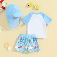 Toddler Baby Boys Rash Guard Set Shark Crocodile Print Short Sleeve Top with Shorts Hat Swimsuit Summer Infant Beach Swimwear 3