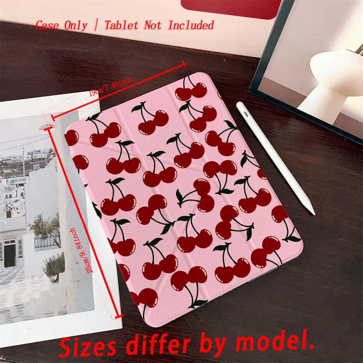 Elegant Crimson Cherry Pattern Shockproof Tablet Case with Hand Strap