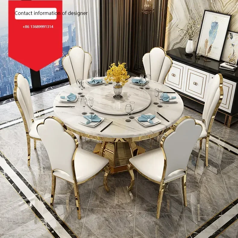 

Luxury marble dining table and chair combination Modern simple round with turntable small family