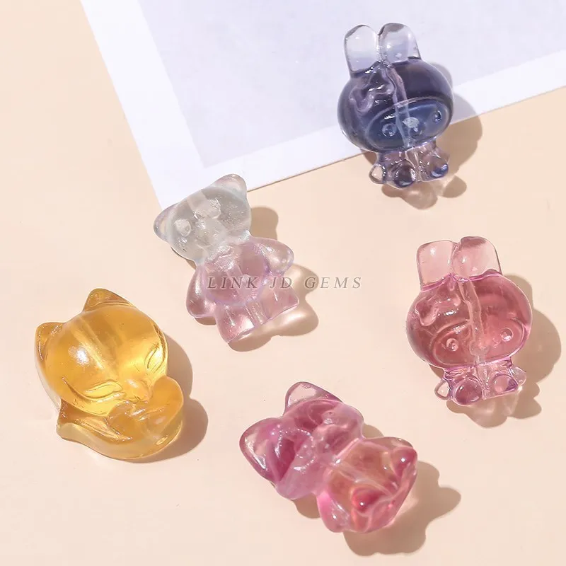 10Pcs/lot Natural Fluorite Crystal Carved Animals Shape Wealth Square Flower Lucky Pixiu Cute Bead With Hole For Jewelry Making 6