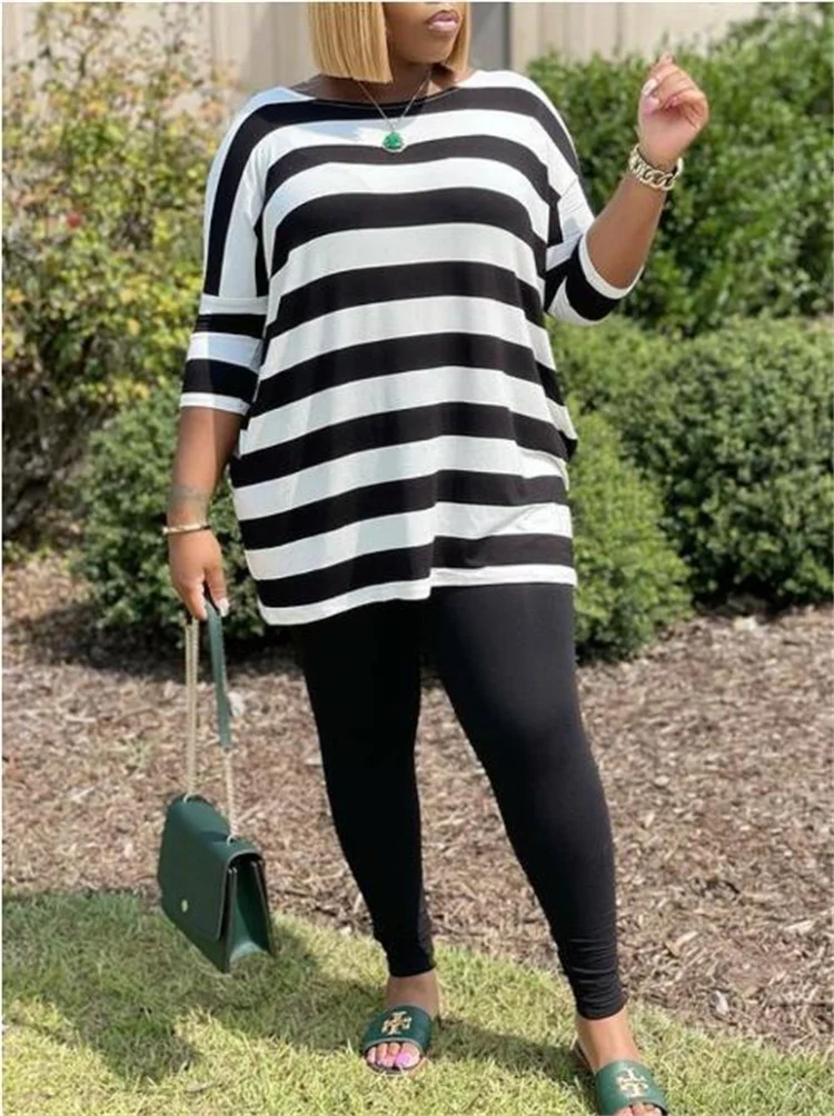 Plus Size Women Sets Striped Tops And Pencil Pants 2023 Spring Two Piece Set Female Designer Cloth Casual Sweatshirt Tracksuit