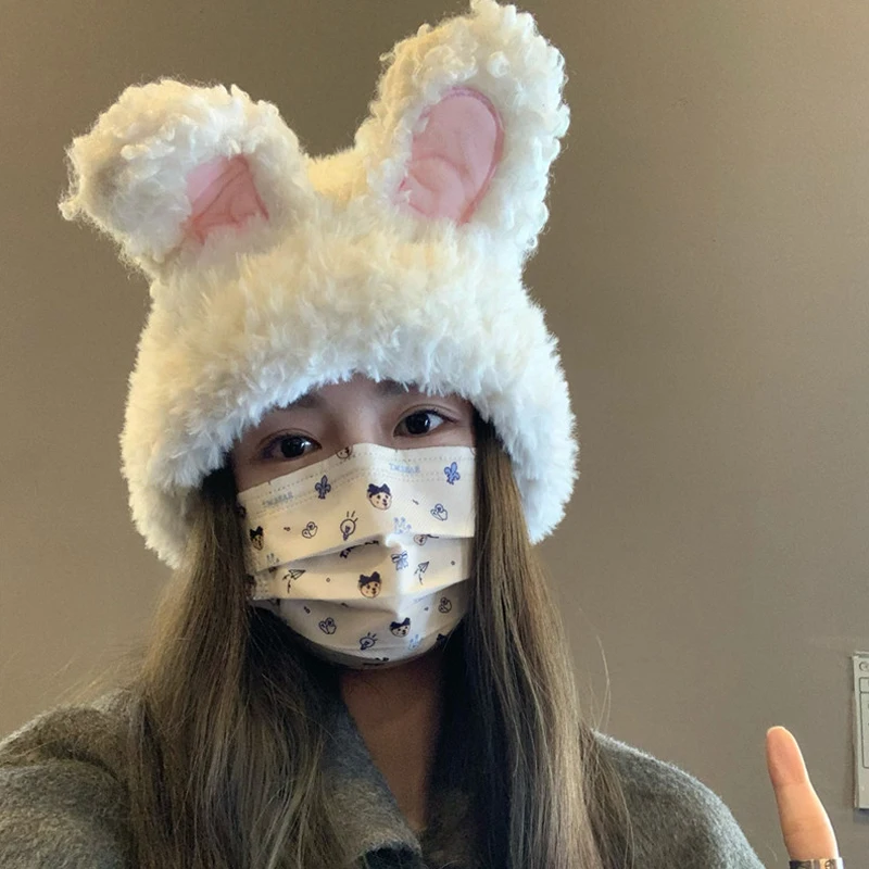 Cute Plush Rabbit Ears Wool Hat Women Autumn And Winter Warm Simple Knitted Cap Sweet Versatile Ear Protector Beanie Hats