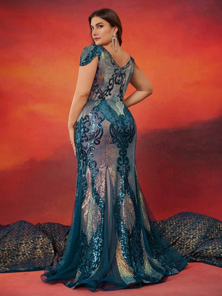 فستان سهرة رسمي فاخر بأكمام قصيرة مزين بالترتر مقا...