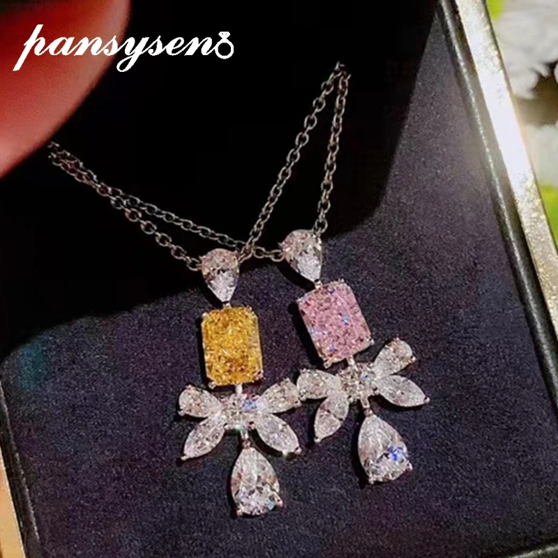 

PANSYSEN 100% 925 Sterling Silver Sapphire Citrine Simulated Moissanite Gemstone Pendant Necklaces for Women Luxury Fine Jewelry