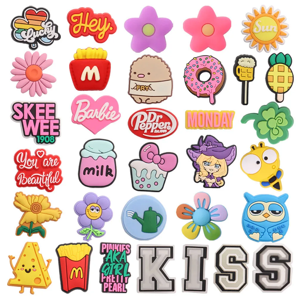 

50Pcs Wholesale PVC Kiss Lucky Flowers Monday Shoe Buckle Children Shoes Decorations DIY Croc Jibz Birthday Gifts