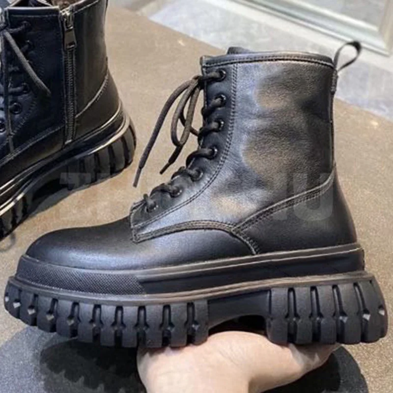 

Women Ankle Boots Autumn Winter Genuine Leather Upper Cross Tied Design Solid Mid Heel Short Boots Concise Versatile Female Shoe