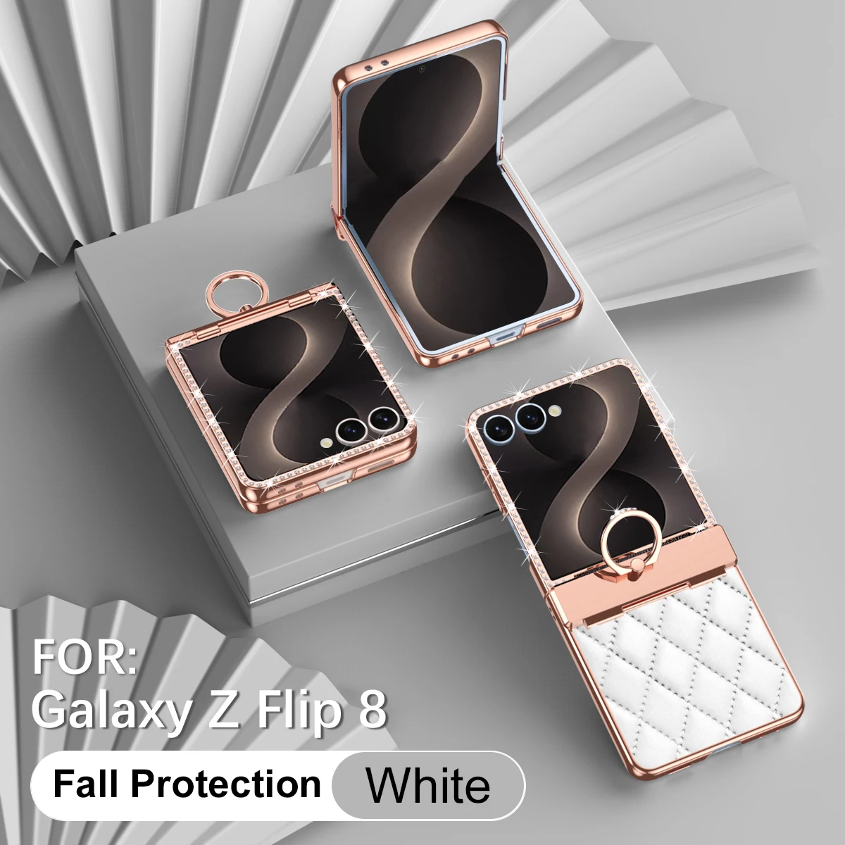 Luxury Bling PU Leather Phone Case with Hinge Ring Holder Stand and Electroplated Frame Cover