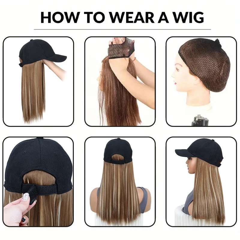 18Inch Synthetic Baseball Cap Wig With Black Hat Long Straight Hair Wigs for Women Connect One Piece  Adjustable