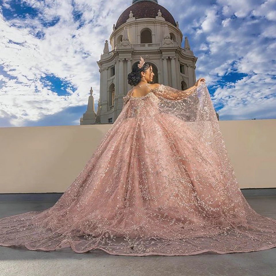 ANGELSBRIDEP Pink Ball Gown Quinceanera Dresses Cape Lace Formal Party Princess Gowns Vestido De 15 Anos Quinceanera Customized