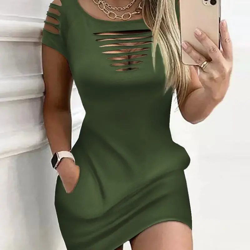 

Ladder Cutout Round Neck Casual Dress Women Solid Color Sexy Summer Spring Mini Dress Y2K Hollow Out Holes Bodycon