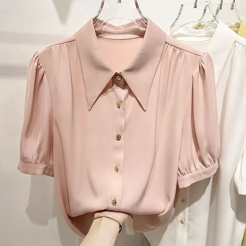 Korean Simplicity Solid Turn-down Collar Shirt Women's Clothing Summer Single-breasted Casual Short Sleeve Blouse for Female