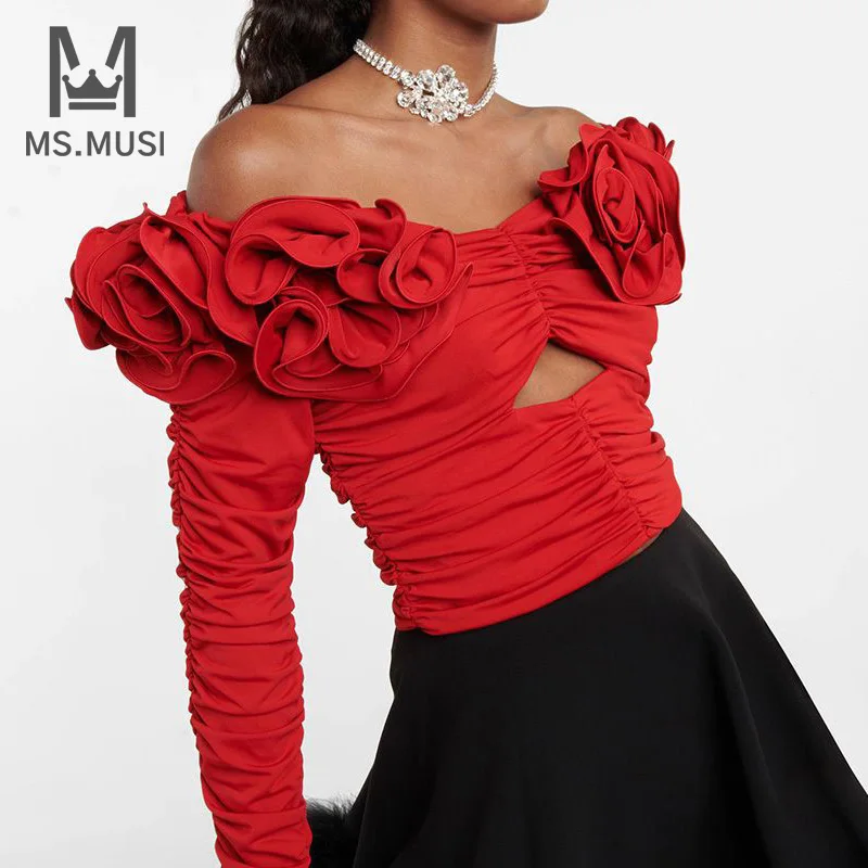 

MSMUSI 2023 New Fashion Women Sexy Off The Shoulder Floral Embellished Fold Hollow Out Long Sleeve Bodycon Party Club Event Top