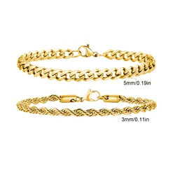 Men's Stainless Steel Chain Bracelets - Silver, Gold, and Black Rope Wristbands, Trendy Cuban Link Design, Set of 2 - 21cm (Gold Set 1)