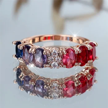 Crystal Female Red Purple Rainbow Stone Engagement Rings For Women Rose Gold Color Wedding Bands Jewelry Party Gifts