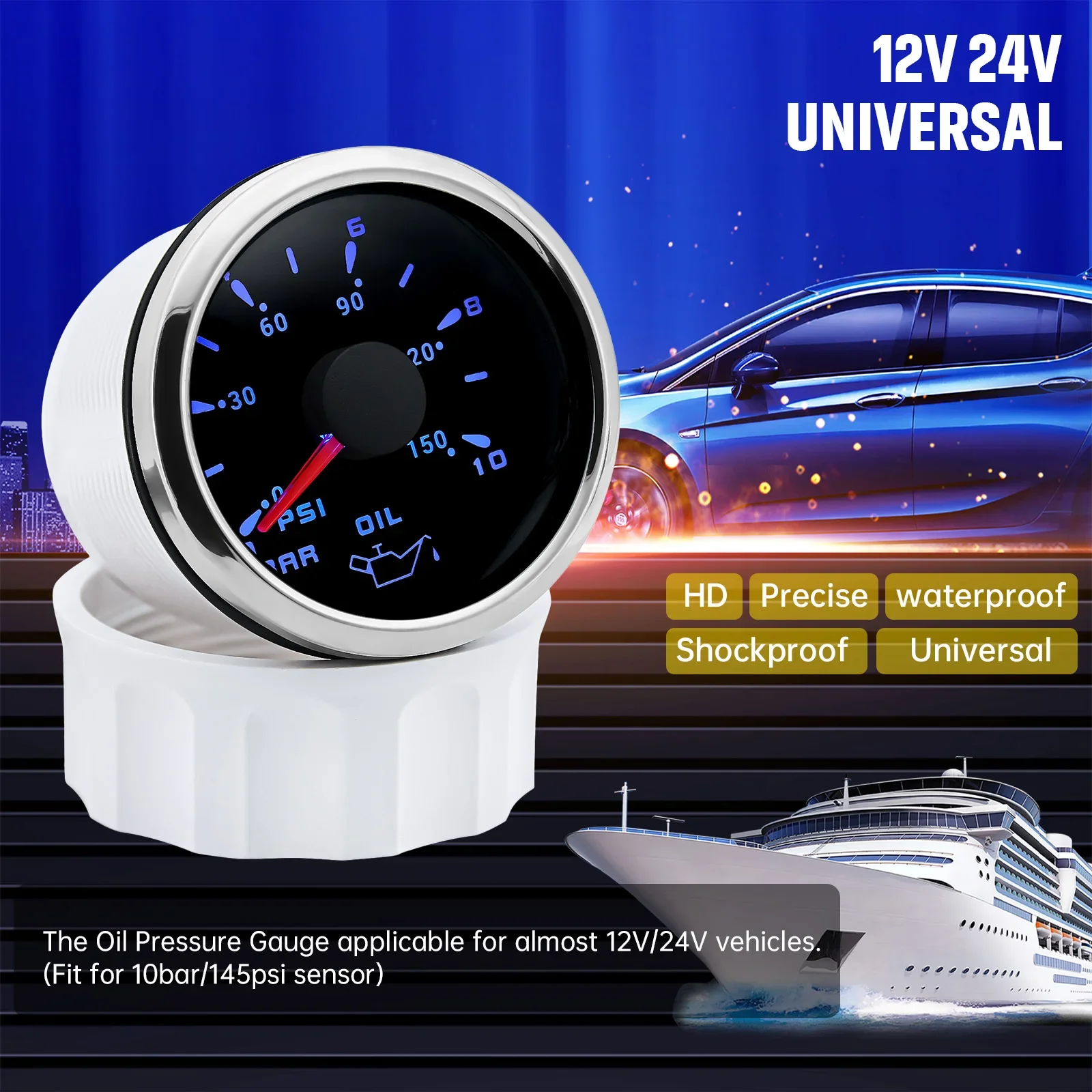 7 Color Light 52MM Pointer Oil Press Meter 0~10 Bar 0~150 PSI Oil Pressure Gauge