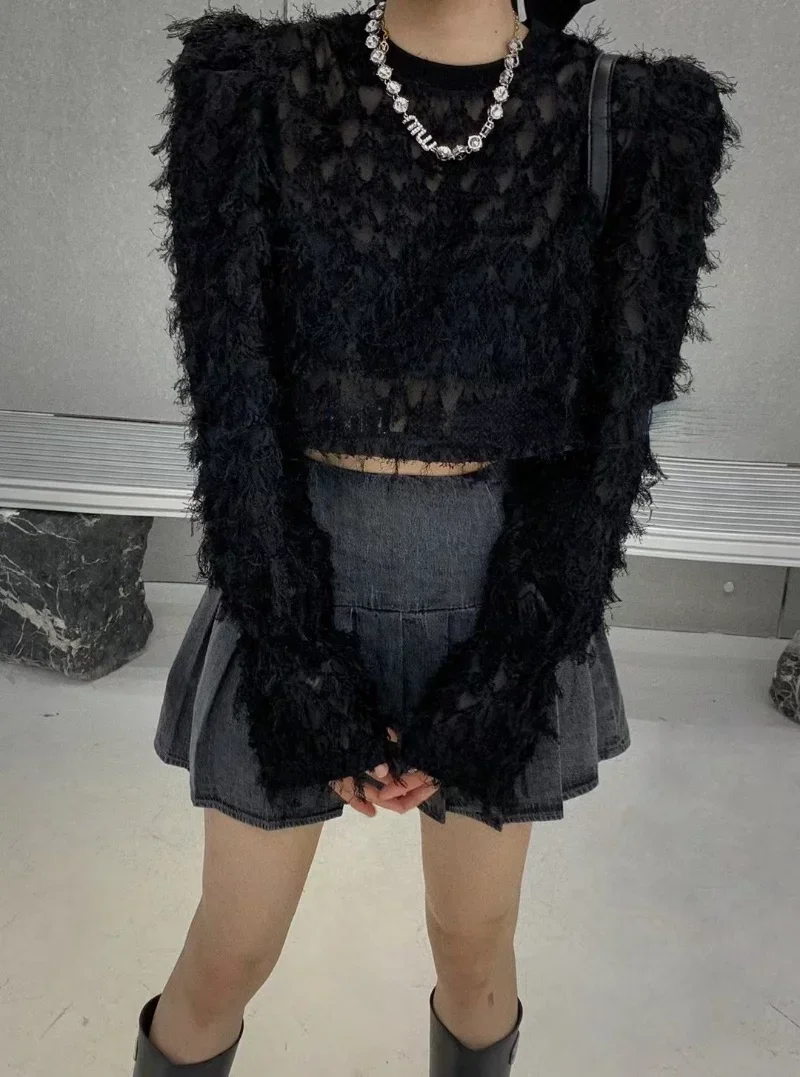 Long Sleeve Fashion Tassel Blouse Women Korean Autumn New Sweet Round Neck Shirts Puff Sleeve Blusa Feminina Crop Top