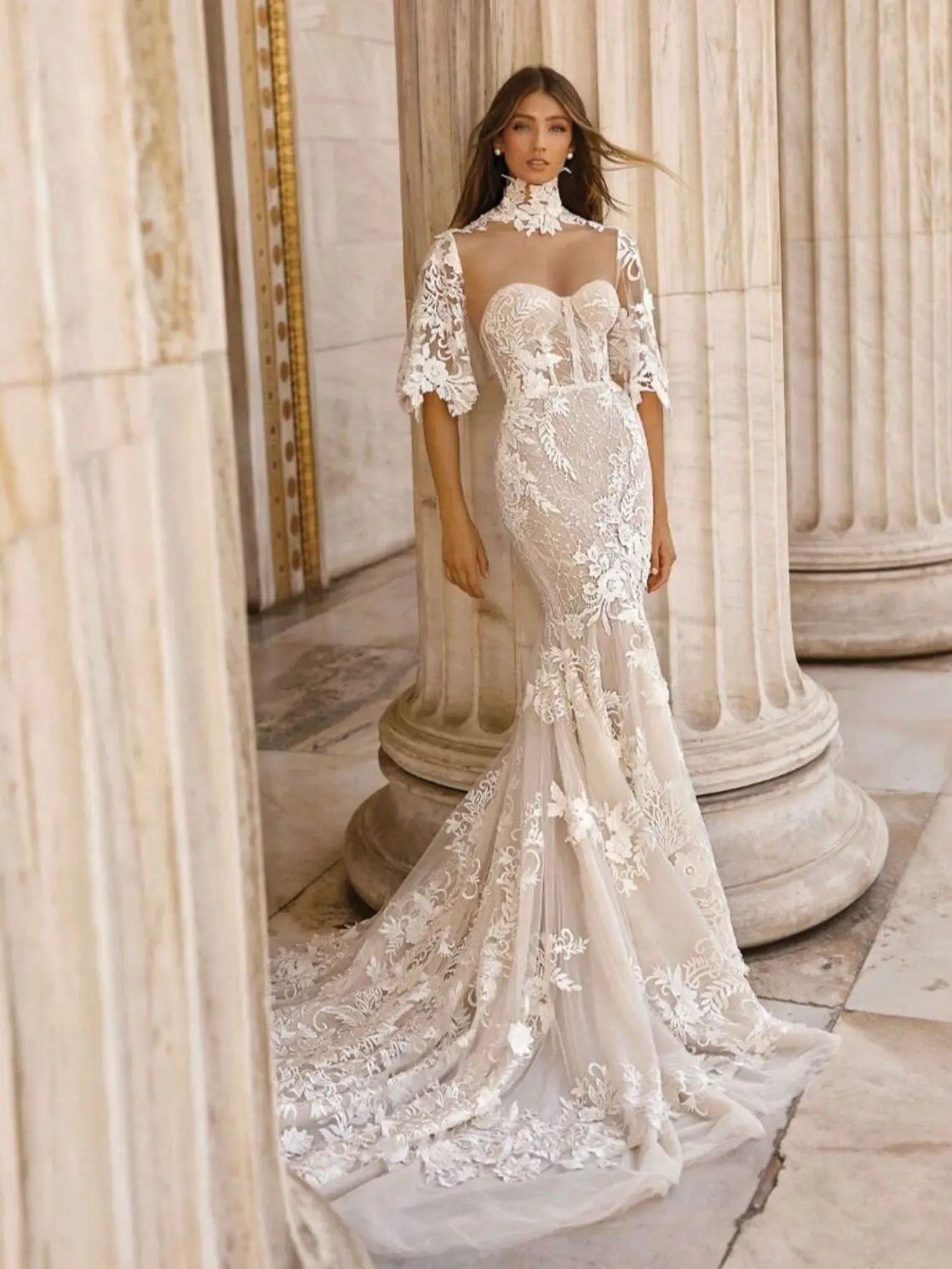 

Exquisite Mermaid Wedding Dress Illusion High Neck With Lace Floral Applique Bridal Gown Elegant Sweep Train Vestidos De Noiva