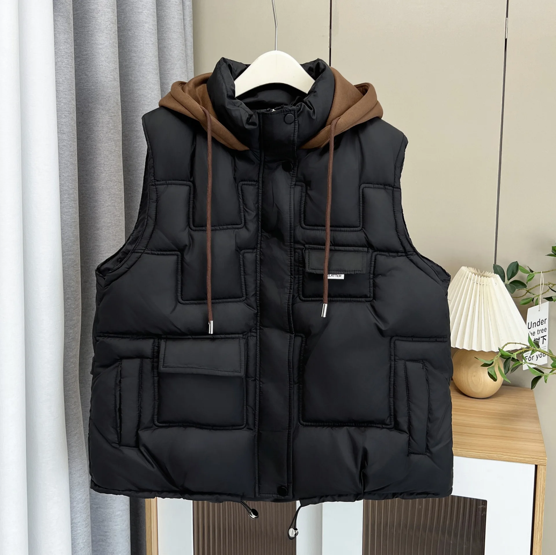XXXXXL Fashion Plus Size Women's Padded Vest 2025 Winter Korean Style Fake two-piece Hooded Warm Sleeveless Zipper Parka 6875