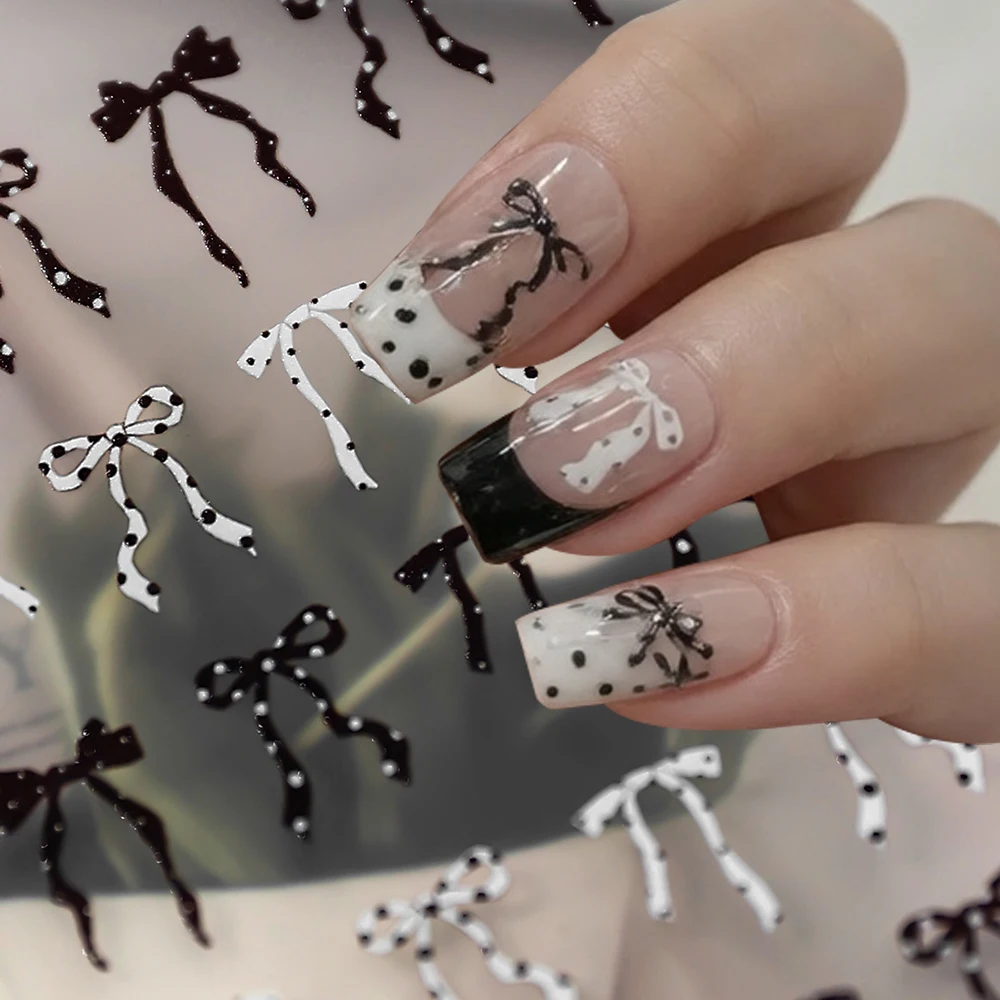 폴카 도트 보우 네일 스티커 DIY 매니큐어 슬라이더용 3D 자체 접착 리본 데칼