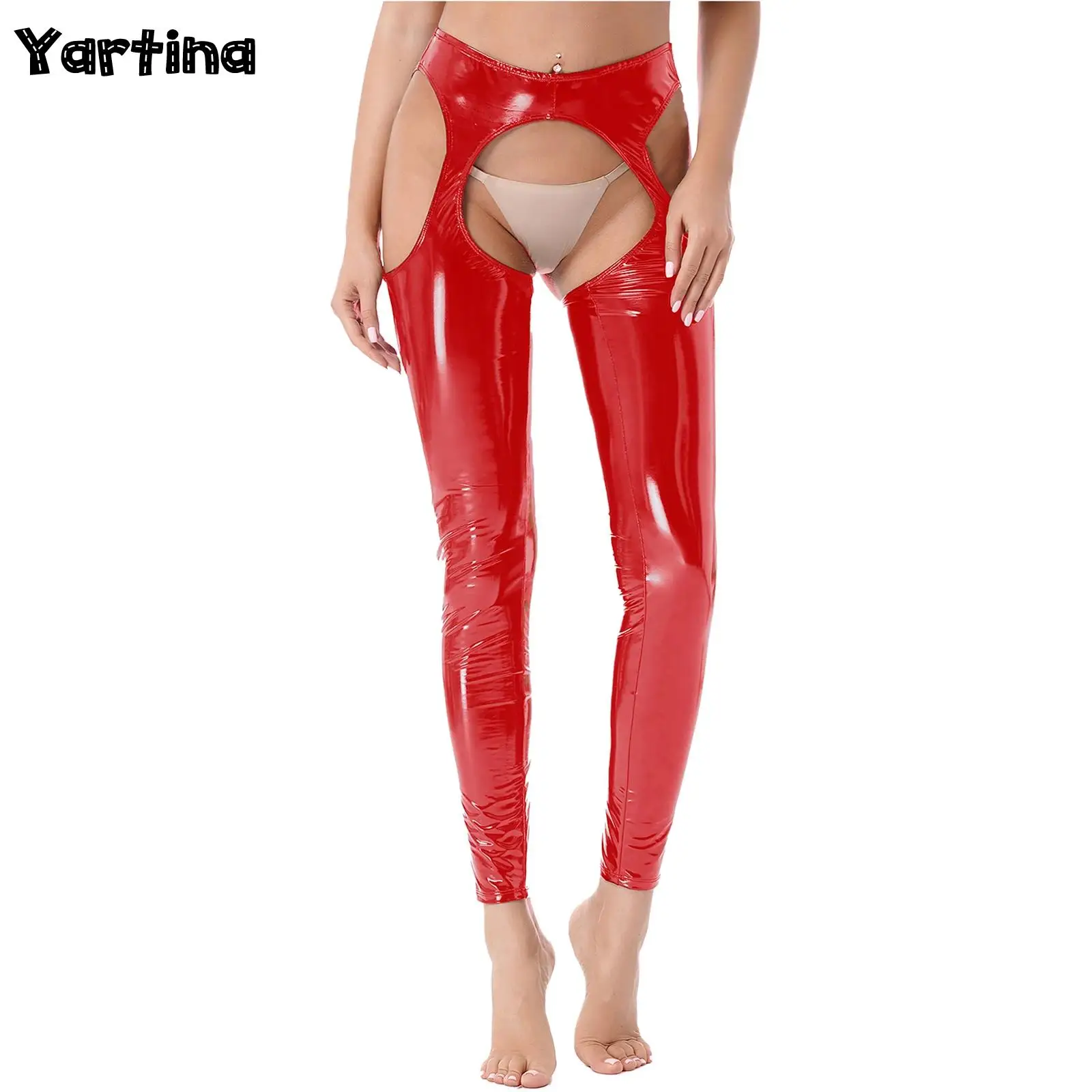 Womens Faux Leather Pants Wetlook Thigh Long Straps Leggings Ouvert Pants Latex Suspender Tights Wet Look Party Clubwear women leggings