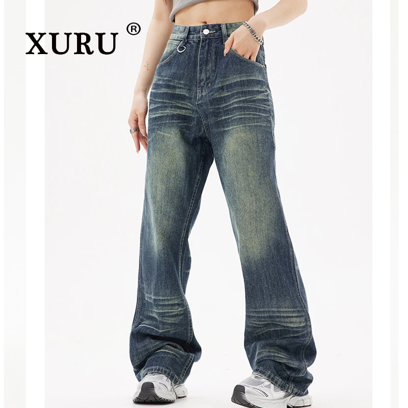 

XURU American Trendy Brand Washed High Street Women's Jeans, Vibe Style Retro Drape Straight Leg Pants N12- N3735