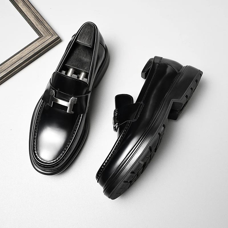 Leather shoes man, cover foot, square head, buckle, formal wedding, handmade, groom wear, European version