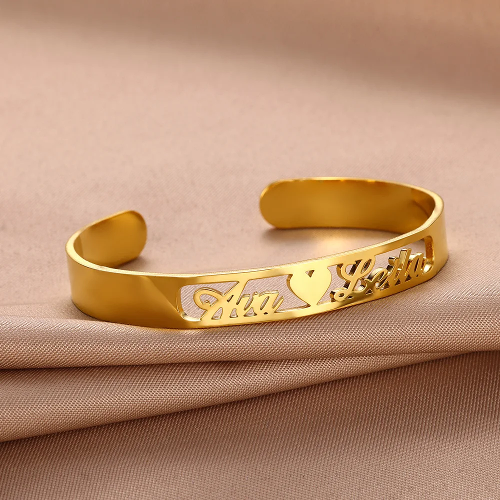 Personalized Letters Couple Bangles Gold Color Stainless Steel Names Bangle For Women Handwork Jewelry Friendship Pulseiras