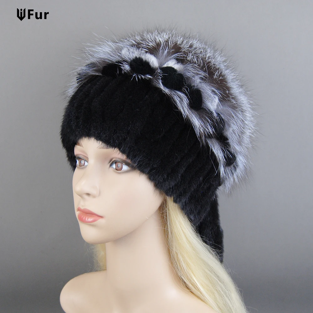 

2023 Women Beanies Knitted Luxury Flower Real Mink Fur Beanies Hats Real Silver Fox Fur Hat Female Natural Mink Fur Winter Hats