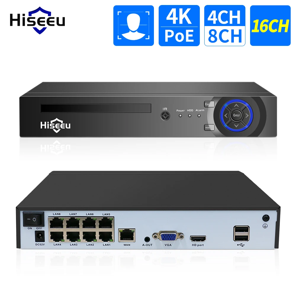 Hiseeu H.265+ 4CH 10CH 16CH POE NVR For IP Security Surveillance Camera CCTV System 5MP 8MP 4K Audio Video Recorder Face Detect