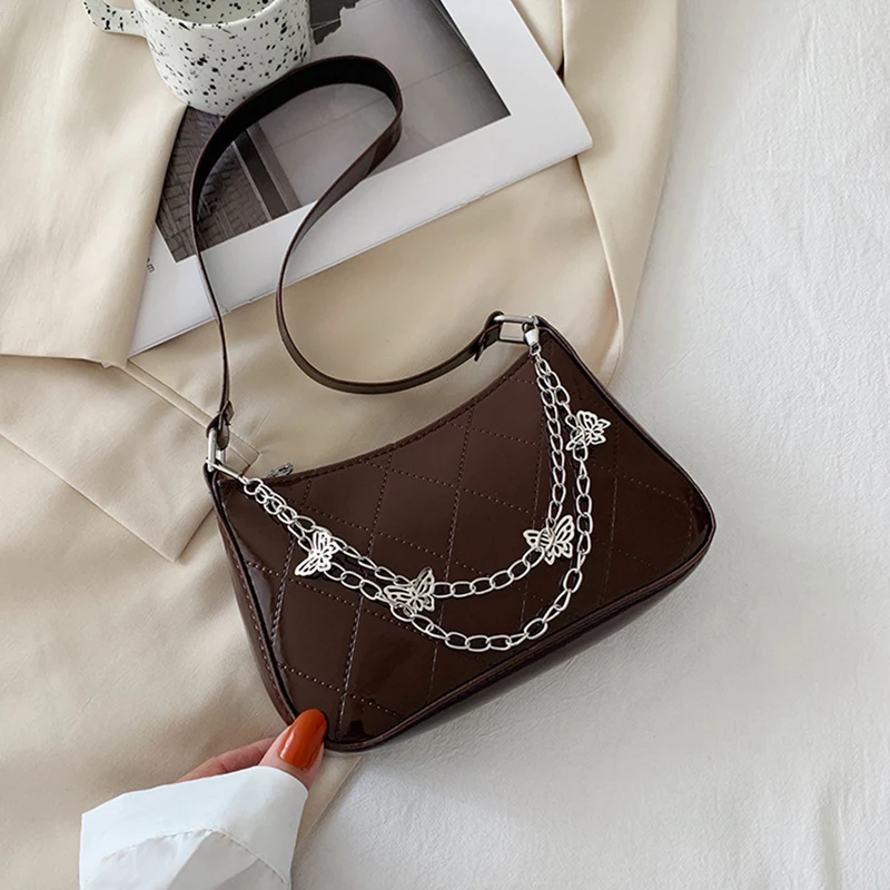 Women's Half Moon Shoulder Bag PU Leather Messenger Bag New Trend Vintage Butterfly Chain Pure Color Zipper Handbag Underarm Bag_voghion.com