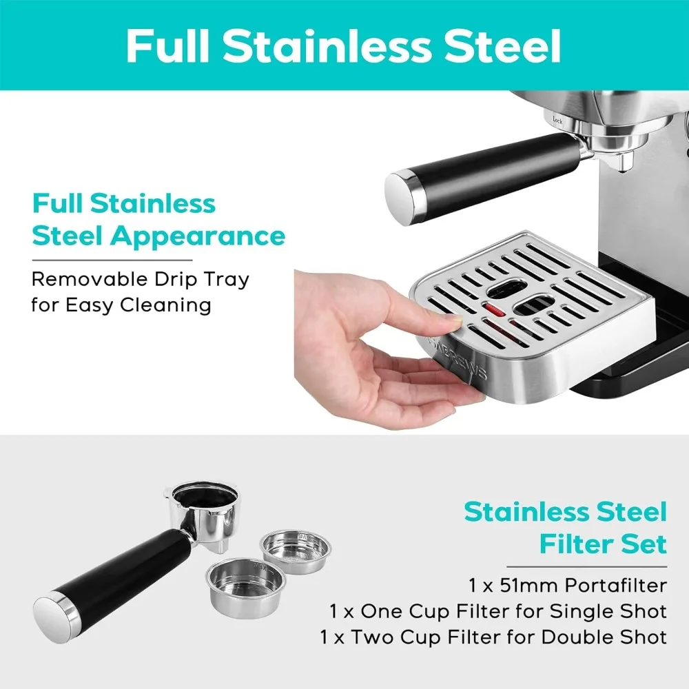 Espresso Machine 20 Bar, Professional Espresso Maker Cappuccino Machine with Steam Milk Frother, Stainless Steel Espresso 6