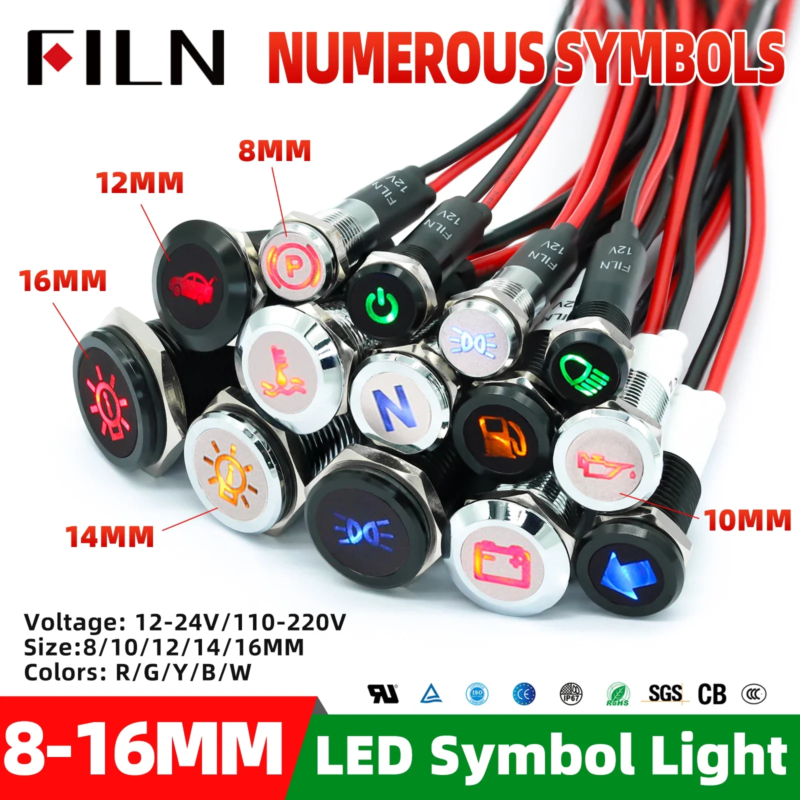 8/10/12/14/16mm 기호 LED 표시 등 12V 24V 검은 금속 표시기 대시 파일럿 라이트 와이어 자동차 대시 보드 러크 기계